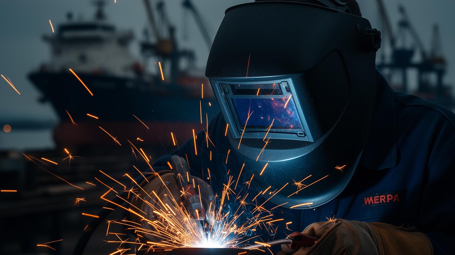Industrial welder at work with sparks flying in a shipyard at dusk