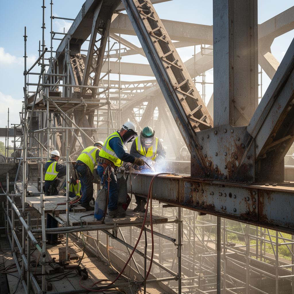 Welders on a steel bridge