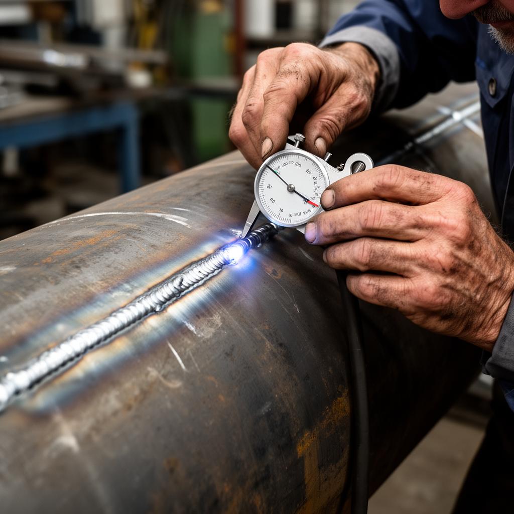 Welding inspector examining seam