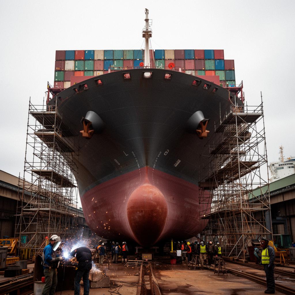 Ship hull under construction in shipyard